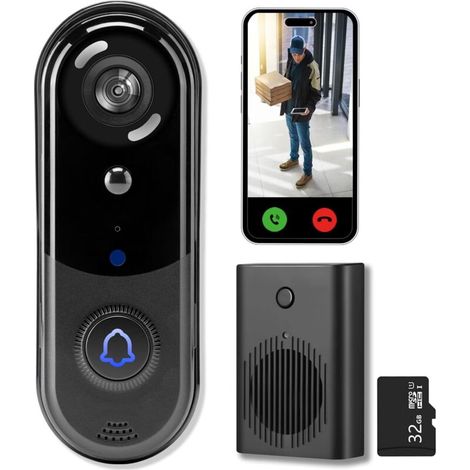 Kabellose Türklingel mit 2K-Kamera, keine monatliche Gebühr, 32 GB SD-/Cloud-Speicher, Nachtsicht, Bewegungserkennung, Zwei-Wege-Audio, IP66, Echtzeit-Warnungen (1/5)