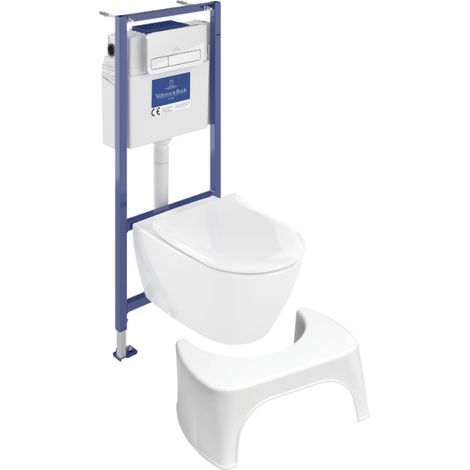 Pack inodoro VILLEROY ET BOCH Subway 2.0 sin reborde con asiento de cierre suave + Estructura de soporte de suelo y pared Viconnect PRO + Placa cromada + Taburete blanco