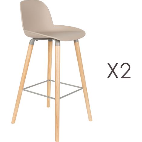 Lot de 2 tabourets de bar taupes et pieds naturels - KUIP