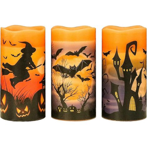 Bougies LED sans flamme à effet vacillant pour Halloween, avec minuterie de 6 heures, bougies en cire à piles, autocollants assortis (sorcière, chauves-souris, château), lot de 3 pour la décoration. (1/5)