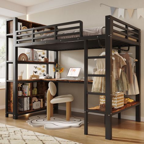 Letto a soppalco 90x200 cm nero in metallo e MDF con scrivania, appendiabiti e ripiani (1/5)