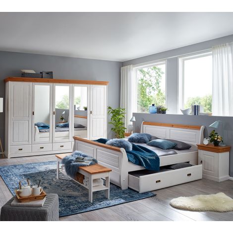 Schlafzimmer komplett Set SAVONA-69 in Kiefer massiv weiß mit honig (1/5)