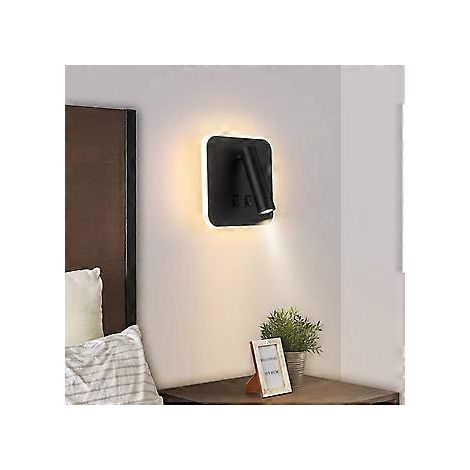 Nachttischlampe LED-Wandleuchte Hotel-Innenwandleuchte mit Schalter, Schwarz 3W+10W (Schwarzes Quadrat) [Energiesparklasse F]