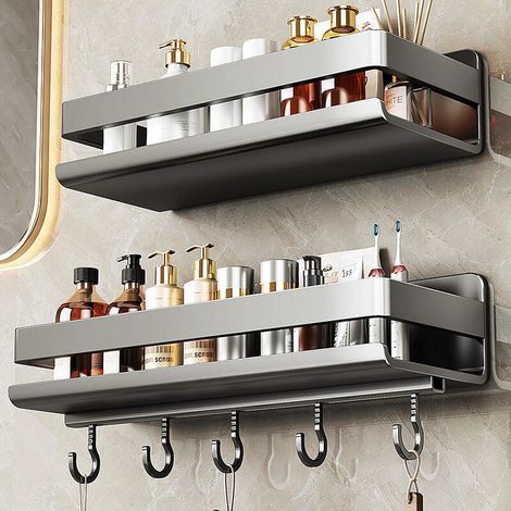 Étagère à épices murale sans perçage avec crochets, acier inoxydable, gris (2 pièces) (1/4)