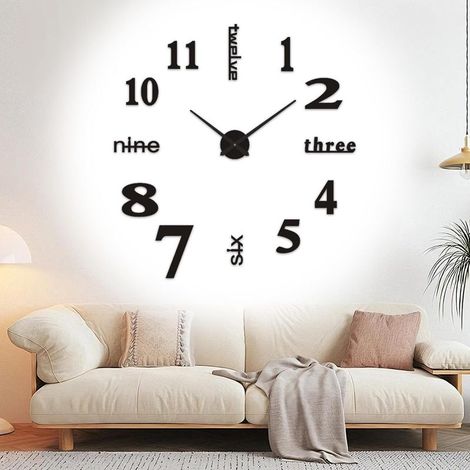 DIY Horloge Murale Design Moderne 40CM, Noir 3D Grande Horloge Murale Miroir Autocollant Metal Silencieuse Pendule Mural Extensible