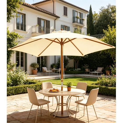 Parasol de Jardin Rond Ø2.5m en Bambou - Toile Imperméable Crème Soleil Extérieur Terrasse Balcon Style Naturel - Sans Base (1/5)
