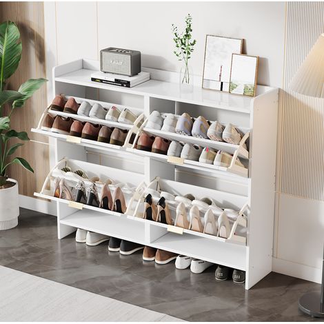 Schuhschrank (110x24x90 cm), mit ausziehbarem Fach, verstellbaren Regalen, Spanplatte, Weiß (1/5)