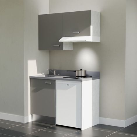Kitchenette K01L - 120 cm - plan monobloc évier intégré Cromo- évier à gauche - Façades Gris + Electroménager inclus coloris Blanc (1/5)