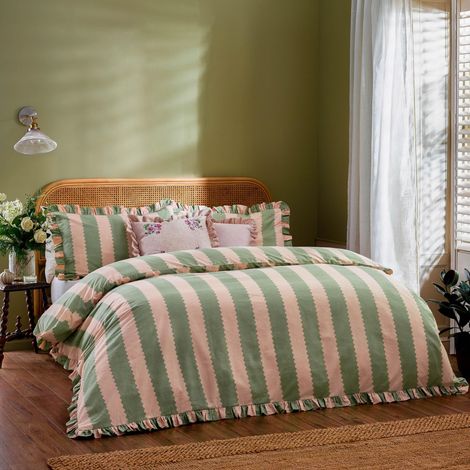 Jeu De Housse De Couette Réversible À Volants Coton Riche Rayé Literie Rose/Vert 230x220cm (1/4)