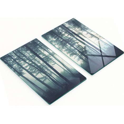 Juego de dos tablas de cocina decorativas de cristal con dise帽o de bosque en la niebla, 2 x 30 x 52 cm.