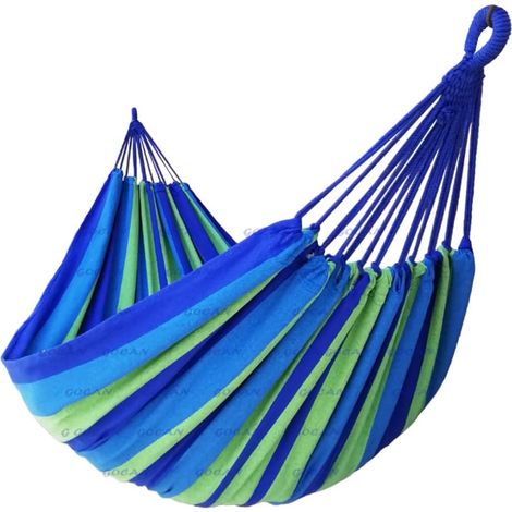 Extra große brasilianische Doppelhängematte für 2 Personen aus Segeltuch, 250 x 160 cm, Gesamtlänge 350 cm, Belastbarkeit 500 lb, aus Baumwolle, für den Außenbereich und den Garten, Blau/Grün (98 x 65