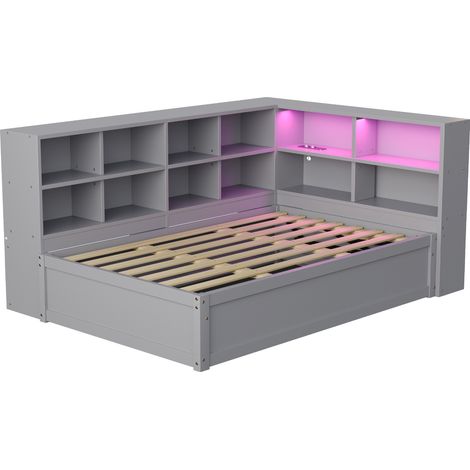 Multifunktionales Einzelbett 90x200 grau mit Stauraum, Steckdosenleiste und LED-Streifen (1/5)