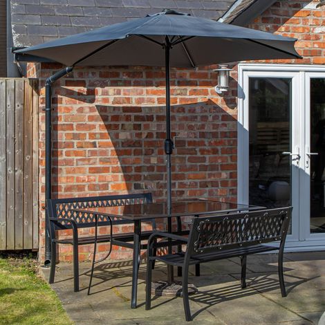 Outdoor 4 Person Rectangular Glass Top Garden Dining Table Benches With Grey Havana Parasol and Base Set (1/5)