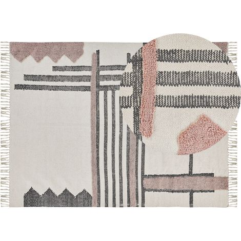 Alfombra de algodón beige negro 160 x 230 cm hecha a mano con flecos patrón escandinavo sala de estar Muradiye