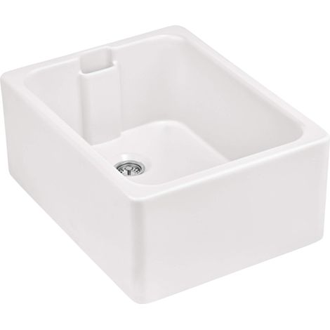 Évier timbre d'office céramique blanc 1 bac – Pose à poser – Trop plein inclus – Dimensions 595x455mm – Pour sous-meuble 60cm – Sanindusa (1/5)