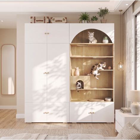 MODFU – Armoire dressing 180x50x200 cm – Espace chat et 7 compartiments – Penderie et rangements – Blanc/bois (1/5)