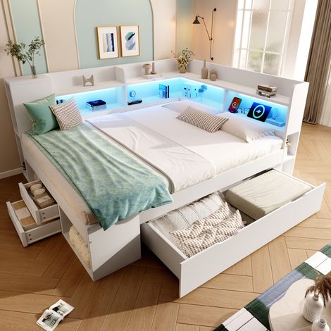 Lit cabane 140x200 cm blanc avec LED, prises USB/Type-C, rangements et matelas (1/5)