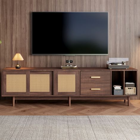 Meuble de rangement / Meuble TV bas avec tiroirs — Structure en rotin brun et MDF — Design à 6 pieds — Unité de rangement multifonctionnelle pour salon (Compatible avec les téléviseurs jusqu'à 75 pouc (1/4)