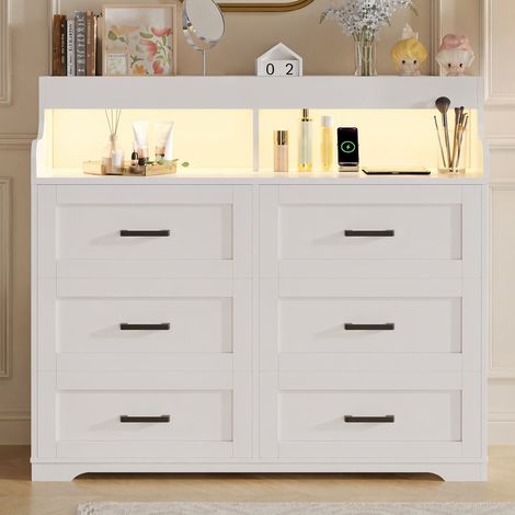 SYEKLAOO Commode Chambre 6 Tiroirs, Moderne Armoire avec Éclairage LED, Meuble de Rangement Scandinave, 110x99x40 cm, pour Chambre, Salon ou Bureau, Blanc (1/5)