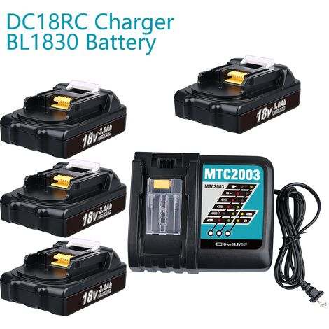 4er-Pack 18 V 3 Ah Akku und Ladegerät Set für Makita BL1830 BL1840 BL1850 BL1860 und Ladegerät 3ADC18RC DC18RD MTC2003 (1/5)