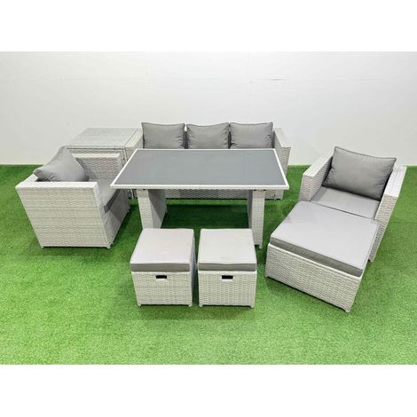 Fimous Patio Garden Furniture Sets with Black Glass Top Dining Table Armchair 3 Seater Sofa Side Table 3 Stool Light Grey (1/4)