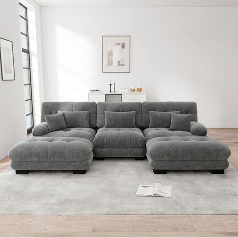 Canapé d’angle modulable en U avec ottomans, tissu chenille gris HAVRYA (1/5)