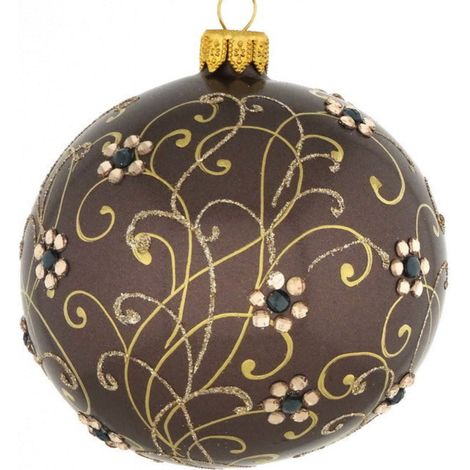 Pallina per albero di Natale in vetro marrone con motivi floreali dorata da 10 cm (1/4)