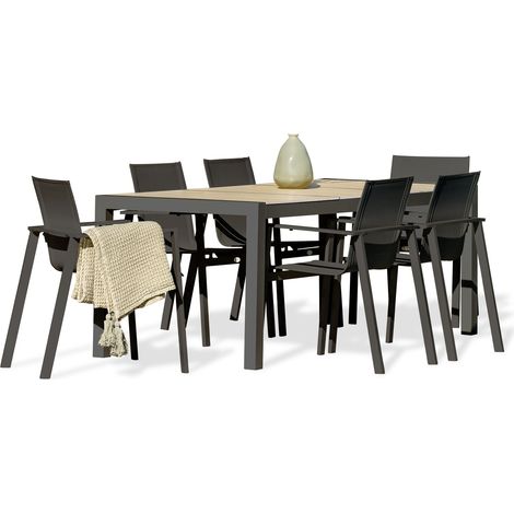 Dcb Garden – Ensemble repas de jardin 6 places en aluminium avec plateau céramique – Fauteuils empilables en textilène – Design moderne et esthétique