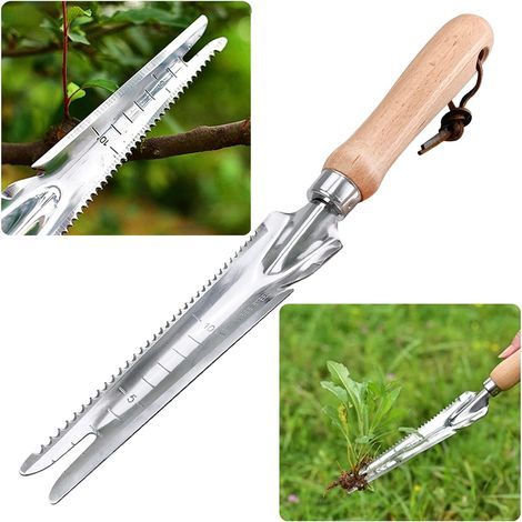 Herramienta manual para desherbar con mango de madera, desherbador de acero inoxidable con herramienta de medición, extractor de maleza, pala para desherbar, para cavar en el jardín. (1/5)