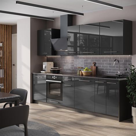 Mueble de cocina Fame-Line, Antracita alto brillo/Antracita, 280 cm sin encimera, Vicco (1/5)