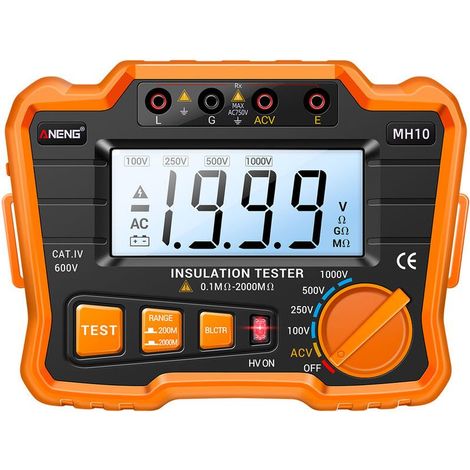 MH10 Testeur de résistance d'isolement numérique 0,1 MΩ-2000 MΩ Mégohmmètre rétroéclairé LCD Tension de sortie 100/ 250/ 500/ 1000 V Mètre de résistance isolé AC 750 V avec sac à fermeture (1/5)