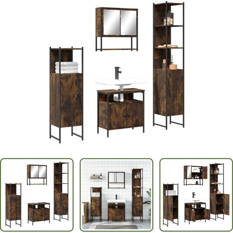 vidaXL Armoire miroir salle de bain - Ensemble de meubles de salle de bain 4 pcs Chêne fumé Bois (1/5)