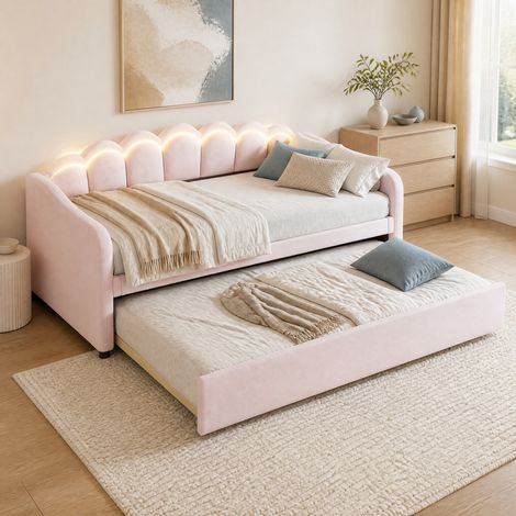 Lit banquette 90x200 avec lit gigogne velours rose HAVRYA (1/5)