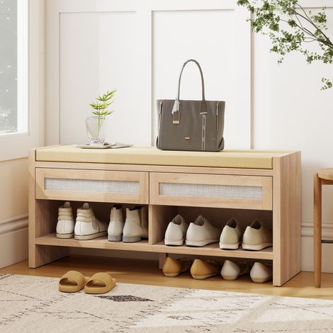 Banc chaussures entrée, banc de rangement, assise rembourrée en lin, 2 tiroirs en rotin et étagère ouverte, chêne (1/5)