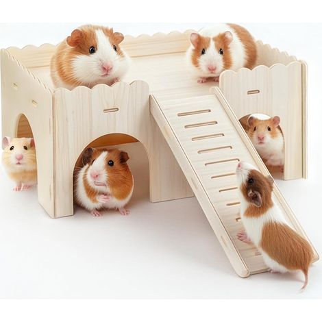 1 Cabane Bois, 4 Entrées, Rampe Amovible, Maison Petit Animal, Hamster Cochon d'Inde