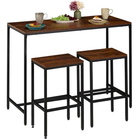 Conjunto de mesa de bar industrial con 2 taburetes, madera y metal.