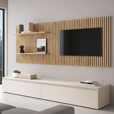 Parete Pollina, Modularer Wohnzimmer-Schrank, Standardöffnung, Made in Italy, Beige (1/3)