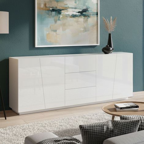 Dmora – Buffet moderne 4 portes 3 tiroirs – Dimensions 220x43x86 cm – Structure en bois mélaminé blanc brillant – Made in Italy - 220x43h86 (1/4)
