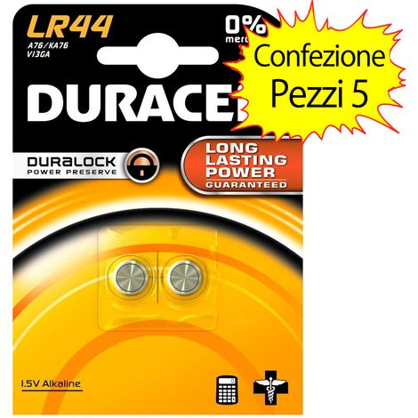 Batteria alcalina lr 44 1,5v pezzi 2 duracell 5 confezioni