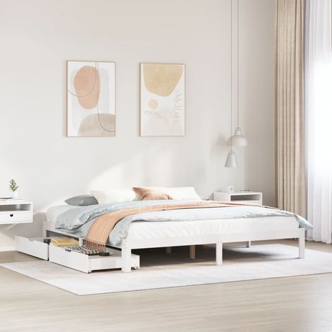 vidaXL Giroletto con Cassetti Bianco 200x200 cm Legno Massello di Pino (1/5)