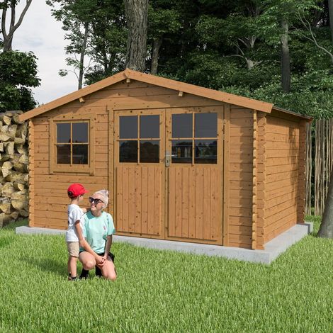 Trigano – Abri de jardin bois traité autoclave classe 3 – 10,5 m² – Parois de 28 mm – Double porte spacieuse pour rangement optimisé