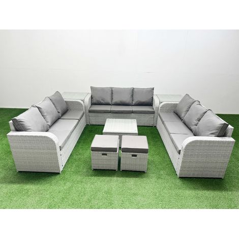 Fimous PE Rattan Lounge Sofa Set 11 Seater Outdoor Garden Furniture Set with Square Coffee Table 3 Seater Sofa 2 Stools 2 Side Table Light Grey (1/4)