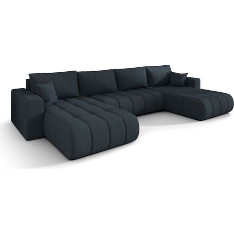 Canapé d’angle velours chenille panoramique convertible design avec coffre SVEN-Bleu foncé (1/5)
