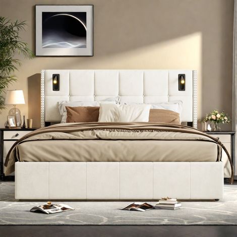 Lit Coffre 160x200cm avec 2 Lampe de Lecture, Lit Double avec Sommier, Lit Deux Place avec rangement,Lit 2 Personnes pour Adulte et Adolescents,Beige Velours (1/5)