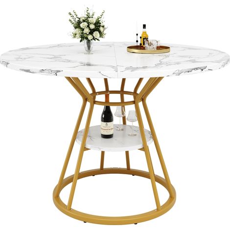 Table de salle à manger ronde (1 pièce), table de cuisine, table de petit-déjeuner, pieds en métal, motif marbré, doré/noir (1/5)