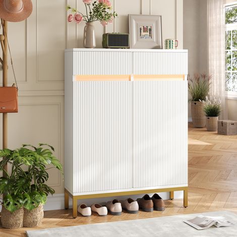 Mobile scarpiera - 80x35x103 cm - mobiletto ingresso con 2 cassetti cannellati 2 ante ripiani regolabili luce led gambe dorate moderno - bianco (1/5)