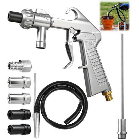 Pistolet sablage sableuse pneumatique, sableuse aerogommage calibre 5 mm/6 mm, convoyeur d'aspiration, tuyau en caoutchouc de 1 m, raccord d'admission d'air, dégraissant et agent de sablage (1/5)