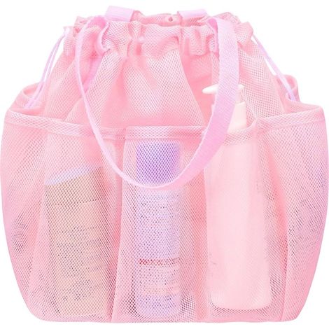 Sac de douche en filet, portable avec cordon de serrage - grande capacité - rose (1/5)