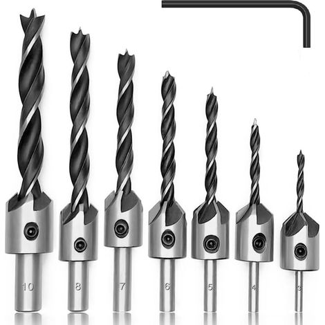 Lot de 7 forets fraisés avec clé à six pans creux HSS 5, alésoir, outil pour le travail du bois, plastique, 3, 4, 5, 6, 7, 8, 10 mm (1/5)