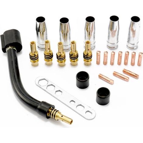 Set di 24 raccordi. Adatto per la torcia di saldatura 15AK, comprensivo di materiali di consumo, elettrodi per saldatura, cappucci di protezione e raccordi a collo d'oca. Adatto per saldatrici MIG. (1/2)